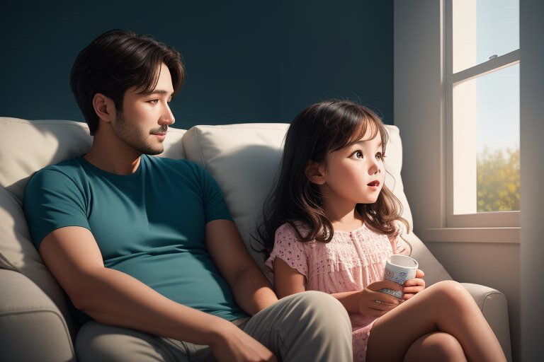 Папа и дочь вместе смотрят мультфильм