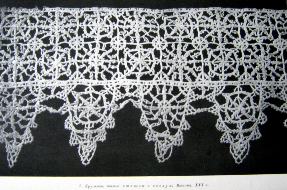 Образец кружева из собрания Эрмитажа: Кружево, шитое стежок в воздух. Италия, XVI в. книга "Западноевропейское кружево XVI-XIX веков" (Ленинград, 1959).