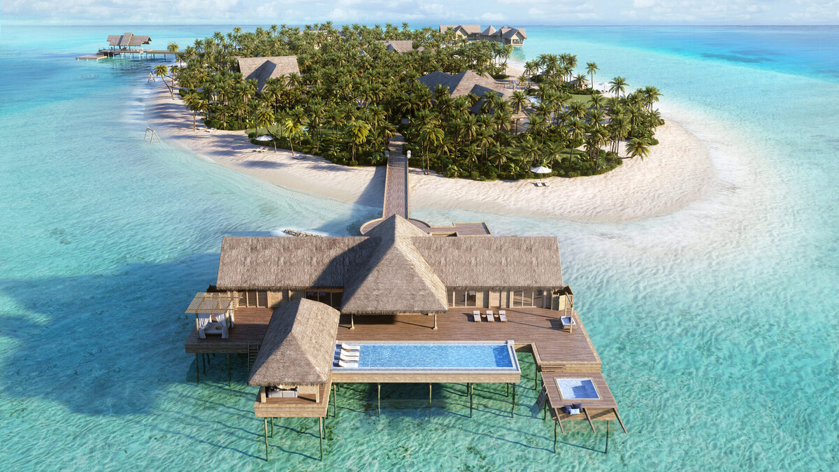 Элегантный курортный отель Waldorf Astoria Maldives Ithaafushi расположен посреди белого песка и кристально чистых голубых вод.