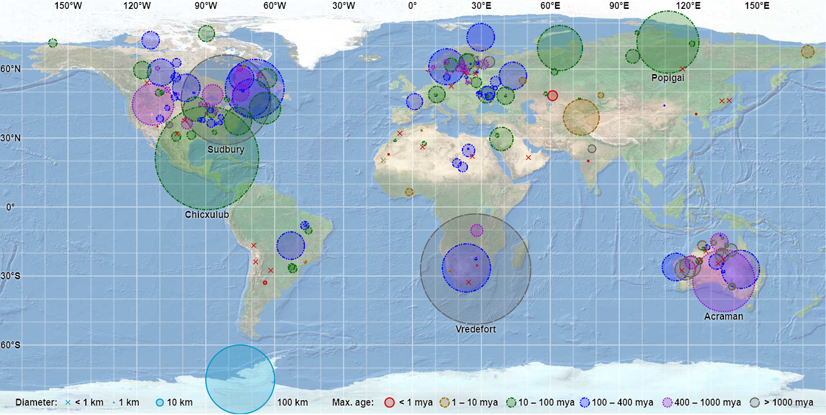 Карта крупнейших импактных кратеров планеты