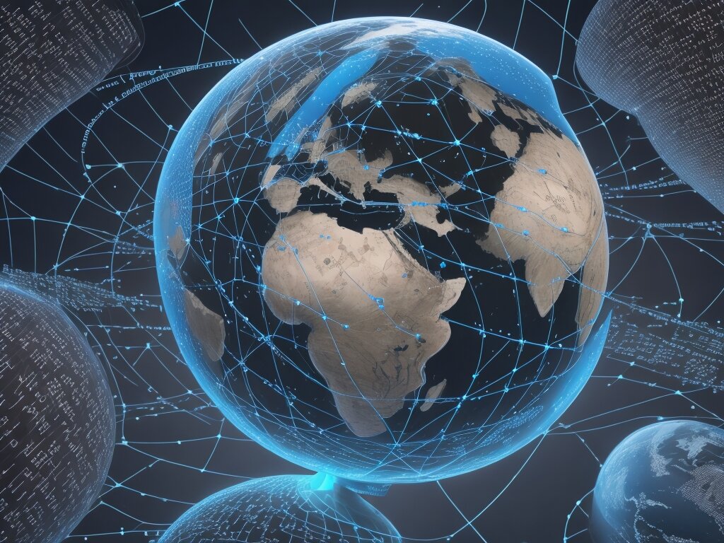 Здесь ИИ сгенерировал изображение по следующему описанию: "Изображение глобуса, обернутого сетью данных и бинарными кодами, символизирующее влияние искусственного интеллекта на мировой бизнес."