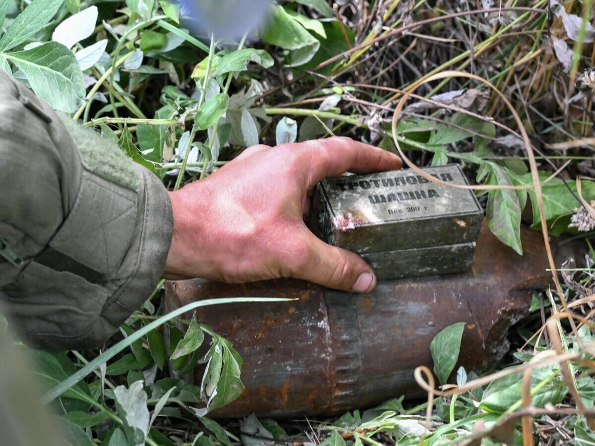    Тротиловая шашка, обнаруженная военнослужащим Международного противоминного центра Вооруженных сил РФ, который проводит разминирование территории завода "Азовмаш"© РИА Новости / Илья Питалев