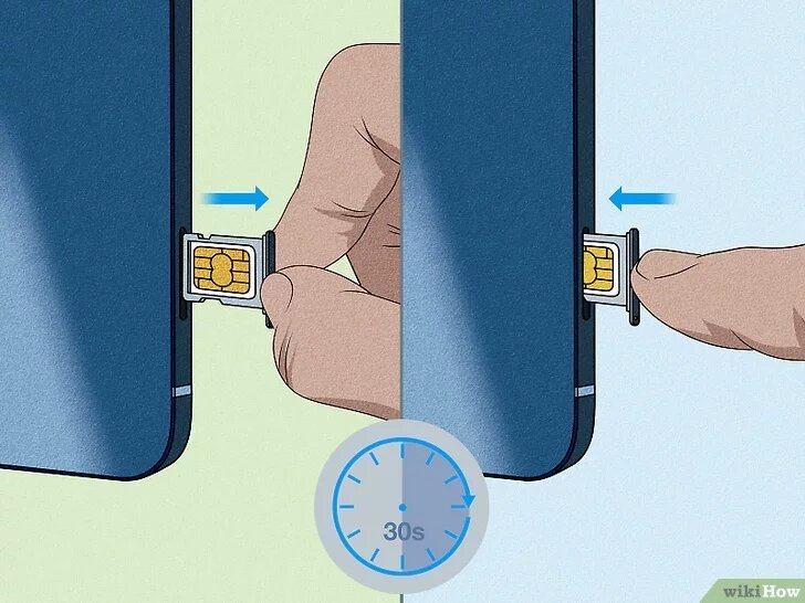 Извлеките SIM-карту и переустановите ее. Иногда SIM-карта ослаблена или вставлена не до конца, что может вызвать появление кода ошибки. Все, что вам нужно сделать, это извлечь лоток для SIM-карт, который находится сбоку телефона, и вынуть SIM-карту.[1] подождите около 30 секунд и поместите SIM-карту обратно в лоток. Вставьте ее обратно и перезагрузите телефон.[2]Если у вас телефон на базе Android, ваша SIM-карта может находиться рядом с батареей на задней панели. Возможно, вам придется открыть крошечную металлическую дверцу, закрывающую SIM-карту, чтобы вынуть ее.
Возможно, вам потребуется нажать концом скрепки или крошечным металлическим инструментом SIM-key на кнопку, расположенную сбоку лотка для SIM-карт.
