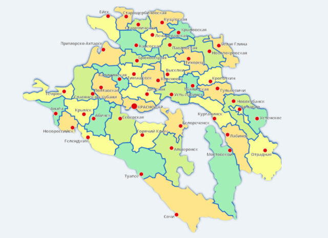 Карта Краснодарского края подробная: авто дороги, побережье, города