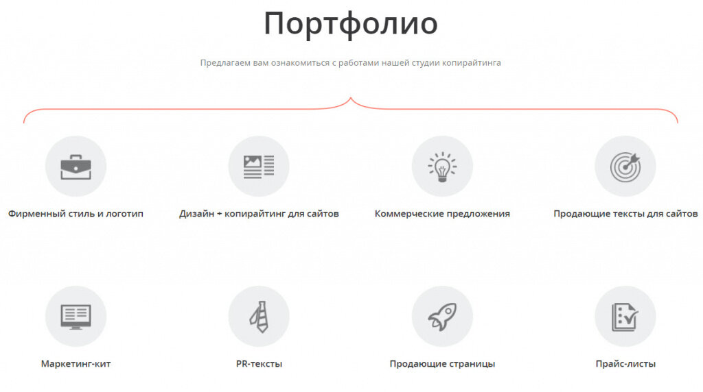 Фрагмент портфолио Студии Дениса Каплунова. Структура сформирована исходя из вида услуг