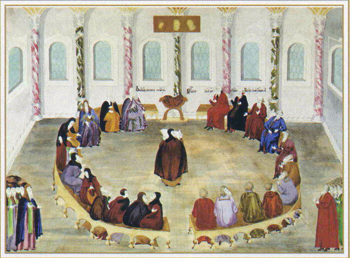 Провозглашение Авраамием Палициным, келарем Троице-Сергиева монастыря, решения земского собора об избрании на царство Михаила Федоровича Романова. Миниатюра из «Книги об избрании на царство на превысочайший престол великаго российскаго царствия Великаго Государя и Великаго Князя Михаила Феодоровича всея великия России Самодержца. 1673 год» 