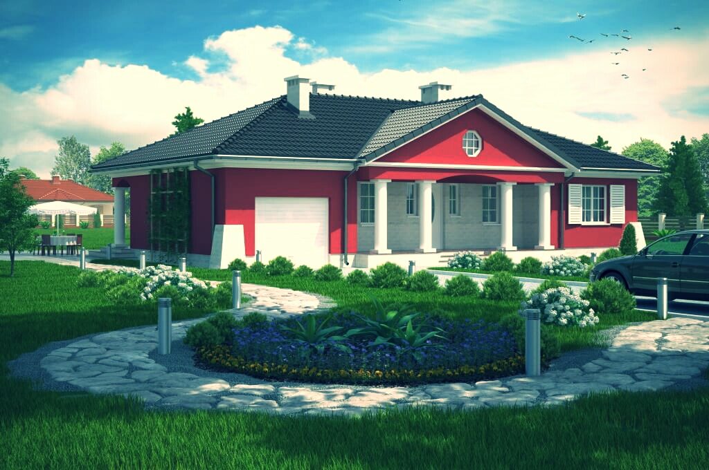 В одноэтажный розовом доме. Одноэтажный дом в польском стиле. Одноэтажный дом с красной крышей. Одноэтажный дом с цветами. Одноэтажные дома в польском стиле.