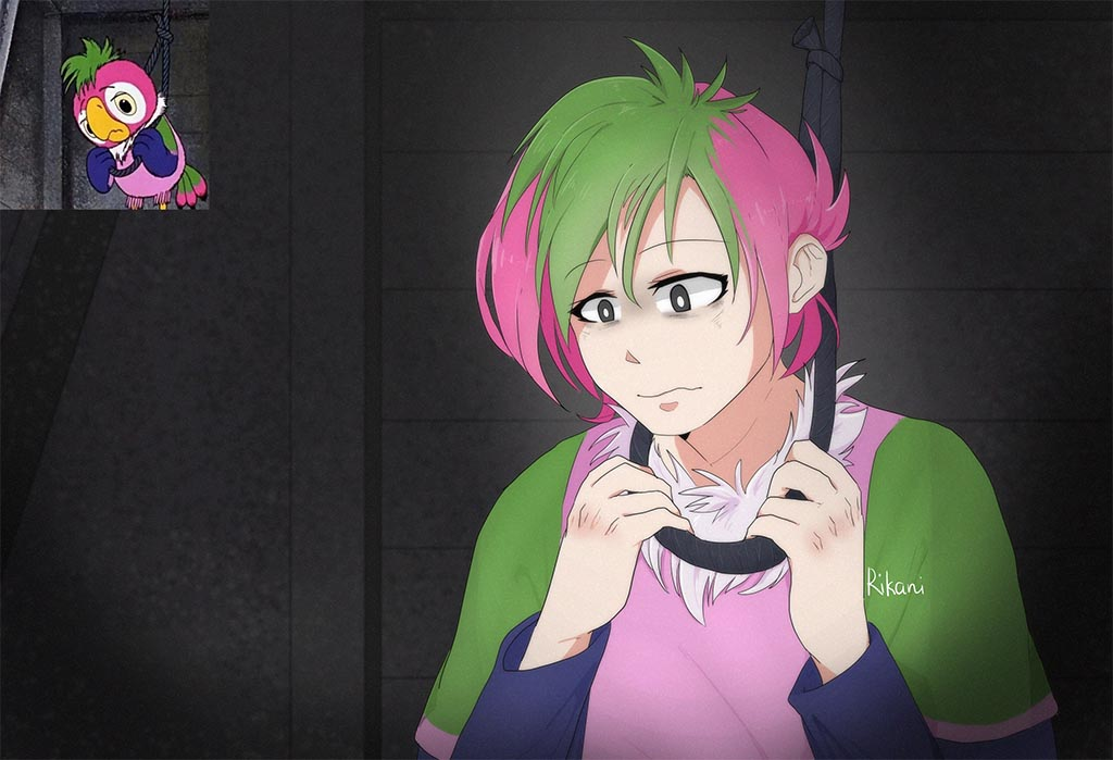 Попугай Кеша выглядит совсем непривычным в аниме облике