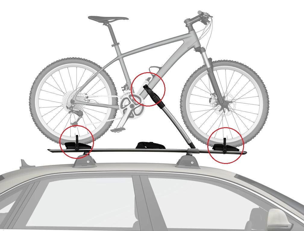 Красными кружками указаны три места фиксации велосипеда