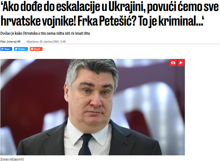 Начало заголовка гласит: "Если в Украине произойдет эскалация, мы выведем всех хорватских солдат!" Сайт  Jutarnji list