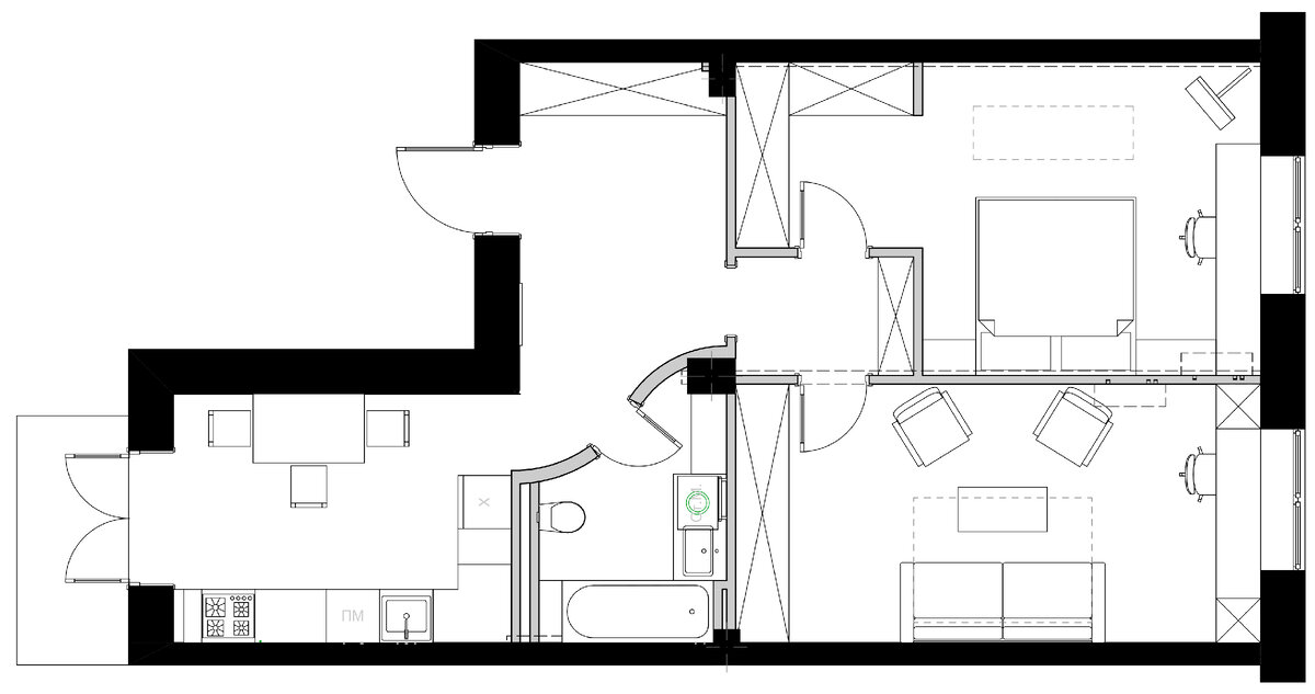 Вариант планировки квартиры. Криволинейная стена ванной - существующее решение. Дизайн: Людмила Пискарева.