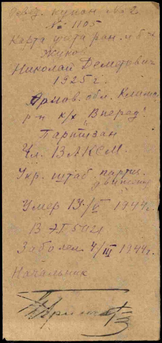 1944 год, купон на умершего: Жуков Николай Дометович