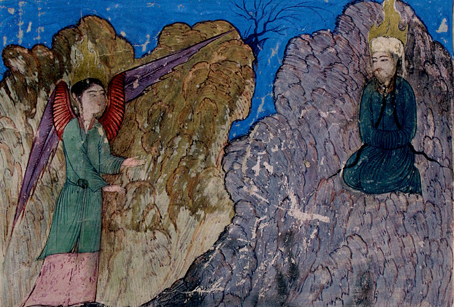 мусульманская живопись. мухаммед и архангел. ангел джабраил и пророк мухаммад. ангелы мухаммада. пророк мухаммед и ангел джабраил.