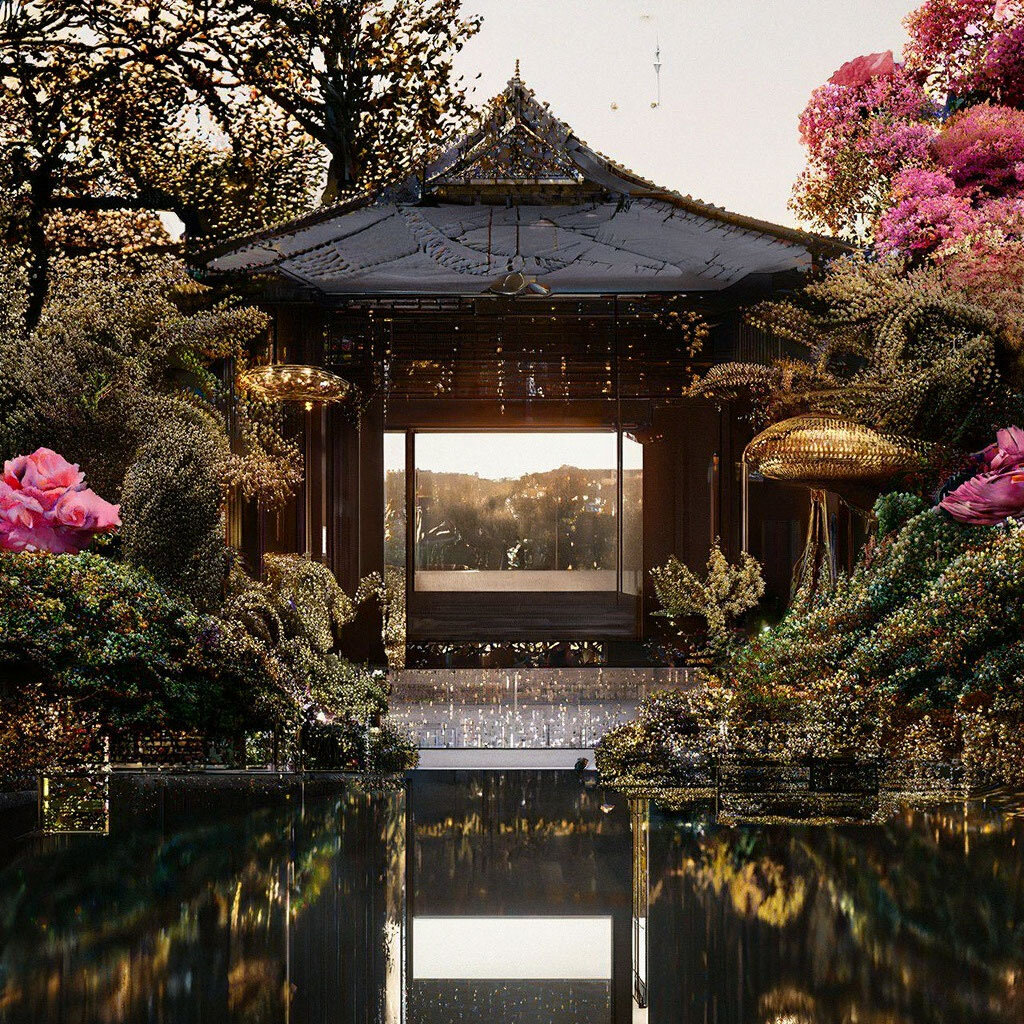 японский сад розовый кварц и гагат и золото, футуризм, эстетично, 16k, octane rendering, vray rendering, hard light, реалистично, общий план, яркий свет