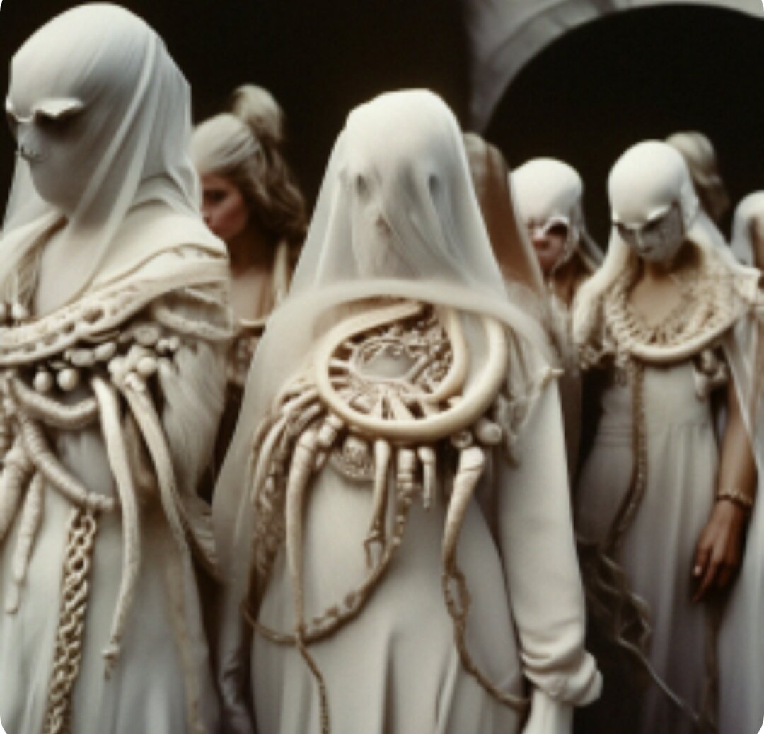 Женщины нарцисса в нарциссическом мороке, опутаны его щупальцами. Визуализация с ИИ. 