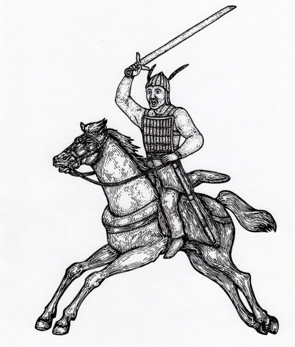 Тяжеловооружённый воин Тюркского каганата с палашом.