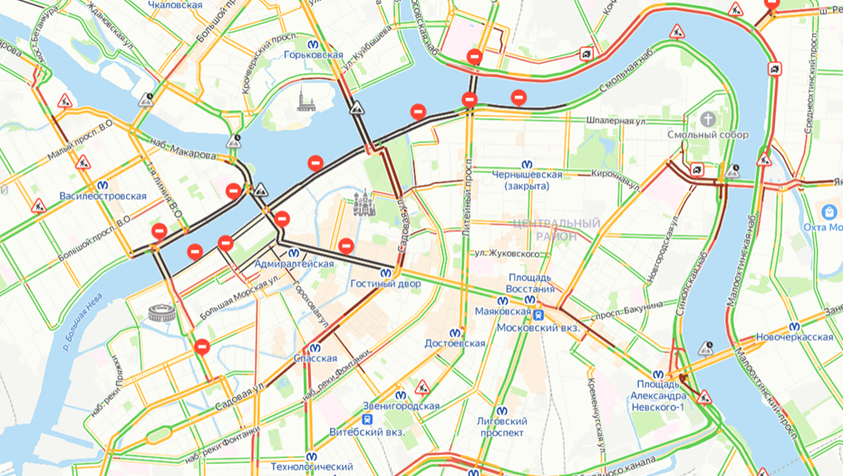    Пробки в центре Петербурга. Автор фото: Яндекс Карты.