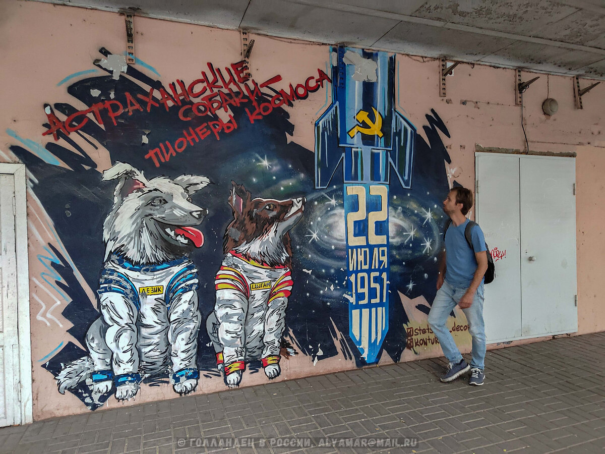 В Астрахани пока нет памятника ЗИБу, но есть граффити Дезику и Цыгану, это первые собаки, которые первые полетели на ракете из Астраханской области 