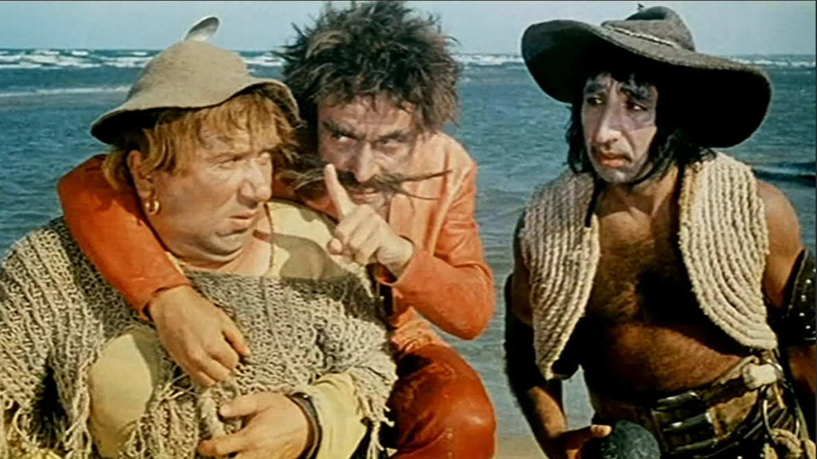 Кадры из "Айболит 66", в роли ("главаря") Бармалея Ролан Быков, Фрунзик Мкртчян и Алексей Смирнов - "рядовые пираты"