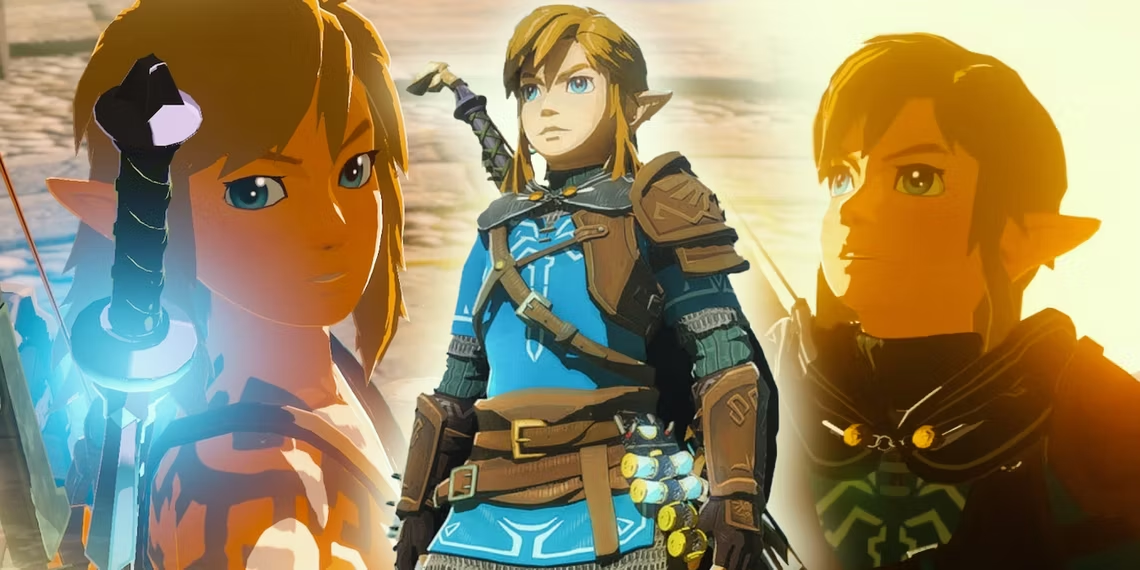 Коллаж из трех изображений Линка в разных доспехах из Tears of the Kingdom