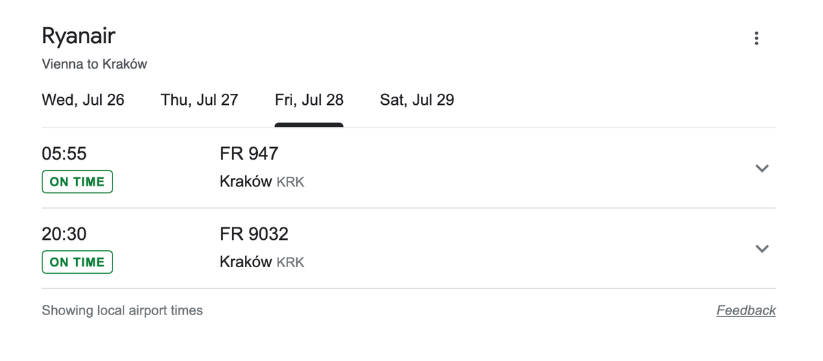 Расписание рейса Вена - Краков авиакомпании Ryanair