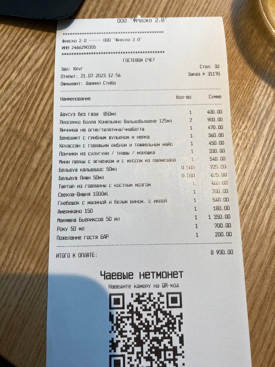 Чек на двоих для понимания цен)