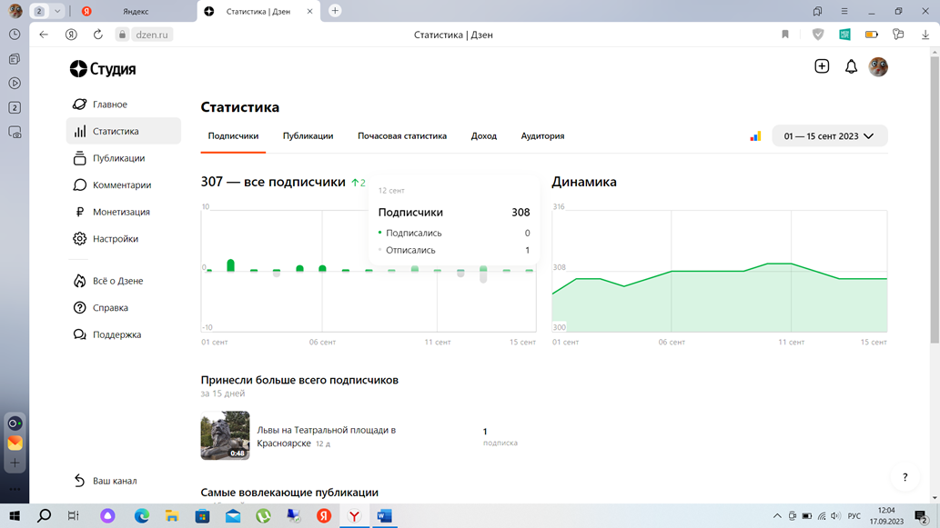 307 подписчиков + 2 за половину сентября