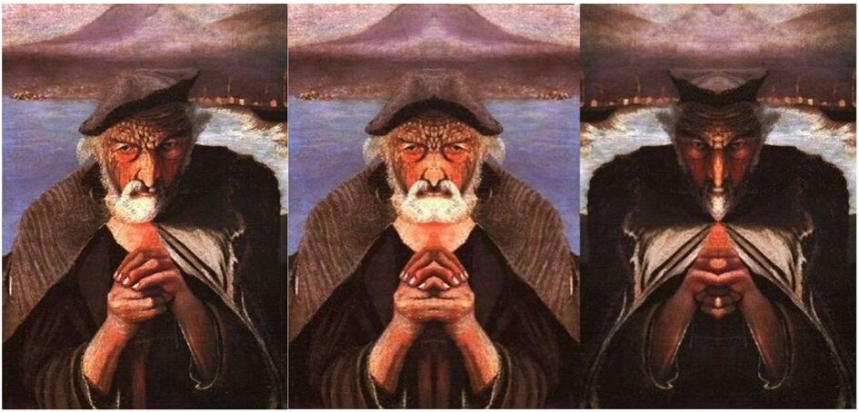 Три "варианта" картины Тивадара Чонтвари "Старый рыбак". Вариант, конечно, один - первый на этом коллаже. Но картина с хитрой задумкой, если разделить картину пополам и приложить к каждой из половин зеркало, можно получить изображение Бога и Дьявола. 