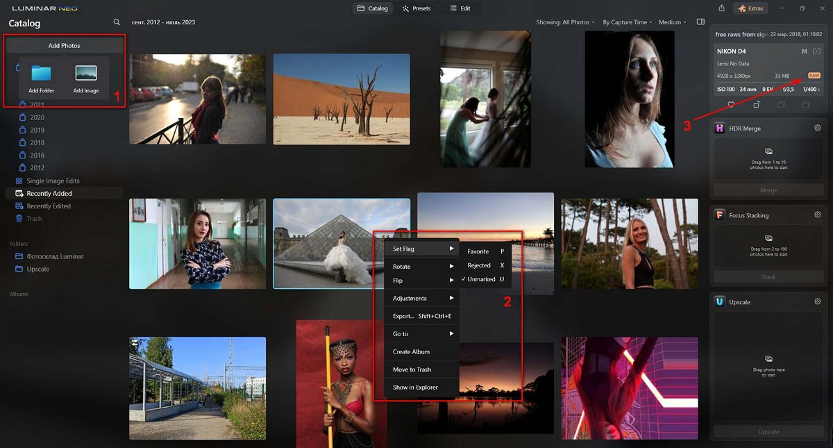    Luminar Neo умеет работать с RAW-файлами, они в окне каталога отмечены соответствующим значком (3) / Иллюстрация: Алиса Смирнова, Фотосклад.Эксперт