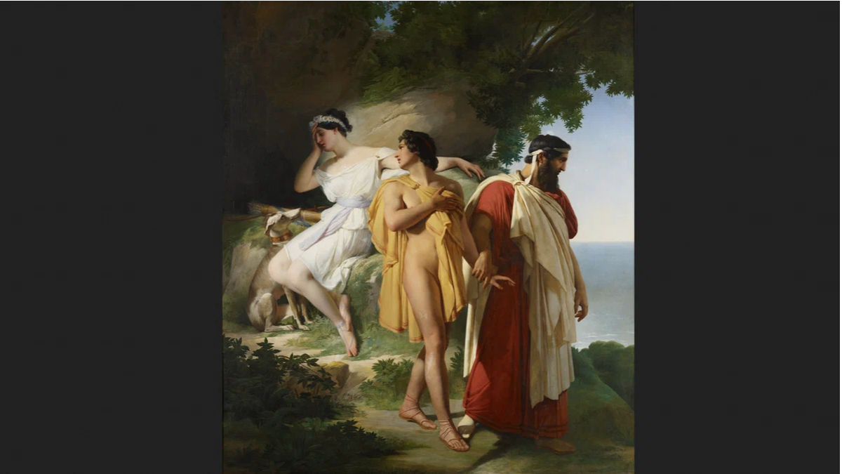 Телемах и Евхарис , 1824 г. Справа Афина в обличье ментора уводит его от возлюбленной чтобы поставить на истинный путь
