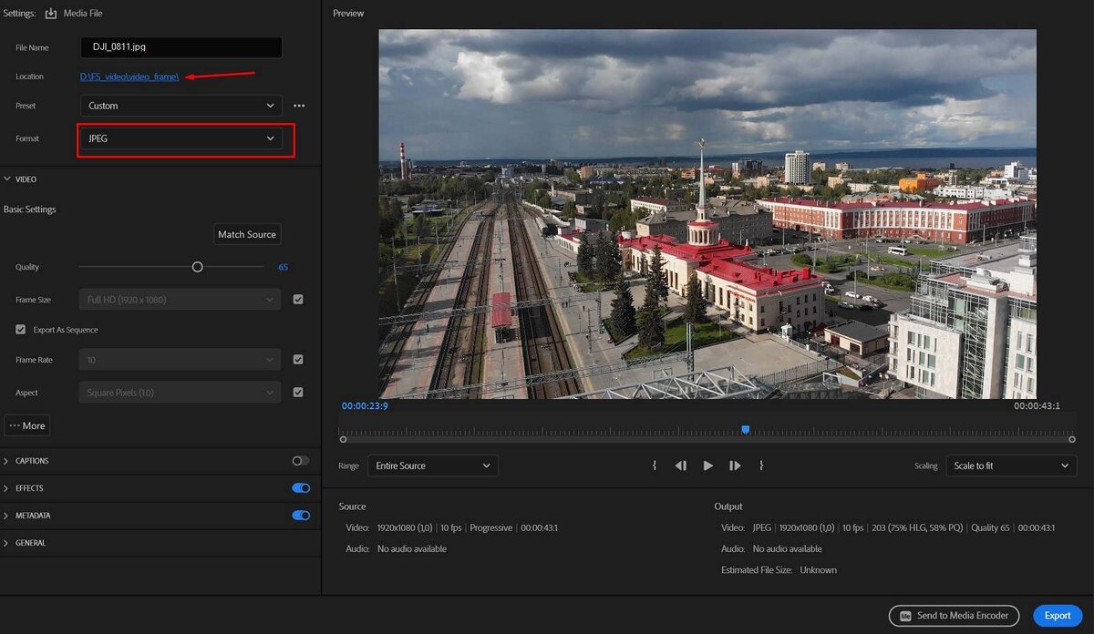    Формат лучше выбрать JPEG качеством 60-70. И не забываем указать выходную папку, чтобы все кадры не оказались где-нибудь на рабочем столе / Иллюстрация: Алиса Смирнова, Фотосклад.Эксперт