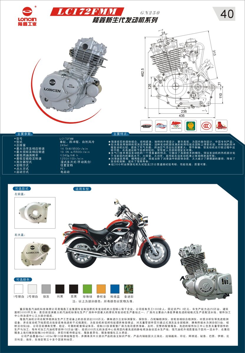 Двигатель типа GN250 (LC172FMM) производства LONCIN и соответствующая модель мотоцикла LONCIN с таким двигаталем. 