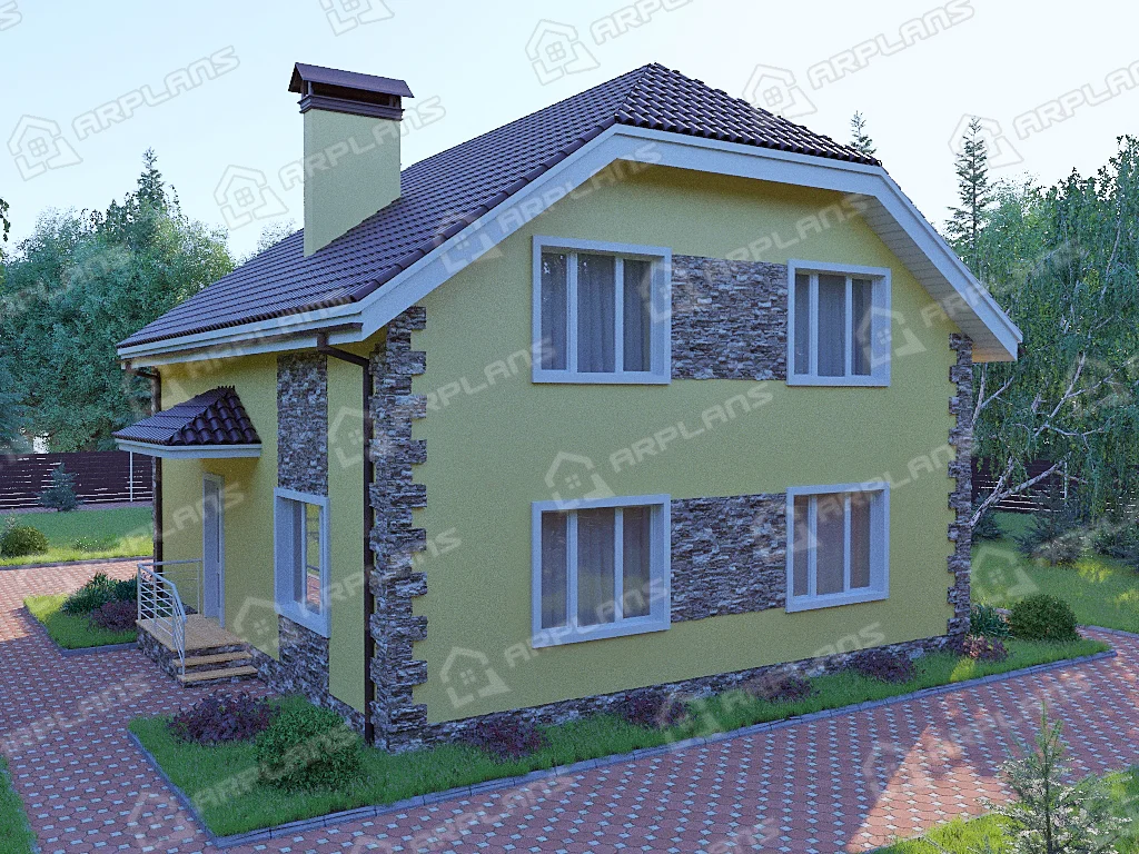 Фото 2 двухэтажного дома из блоков с мансардой, 3 спальнями, гостевой, газовой котельной и эркером. Общая площадь 157 кв м. Источник arplans.ru Проект К-120