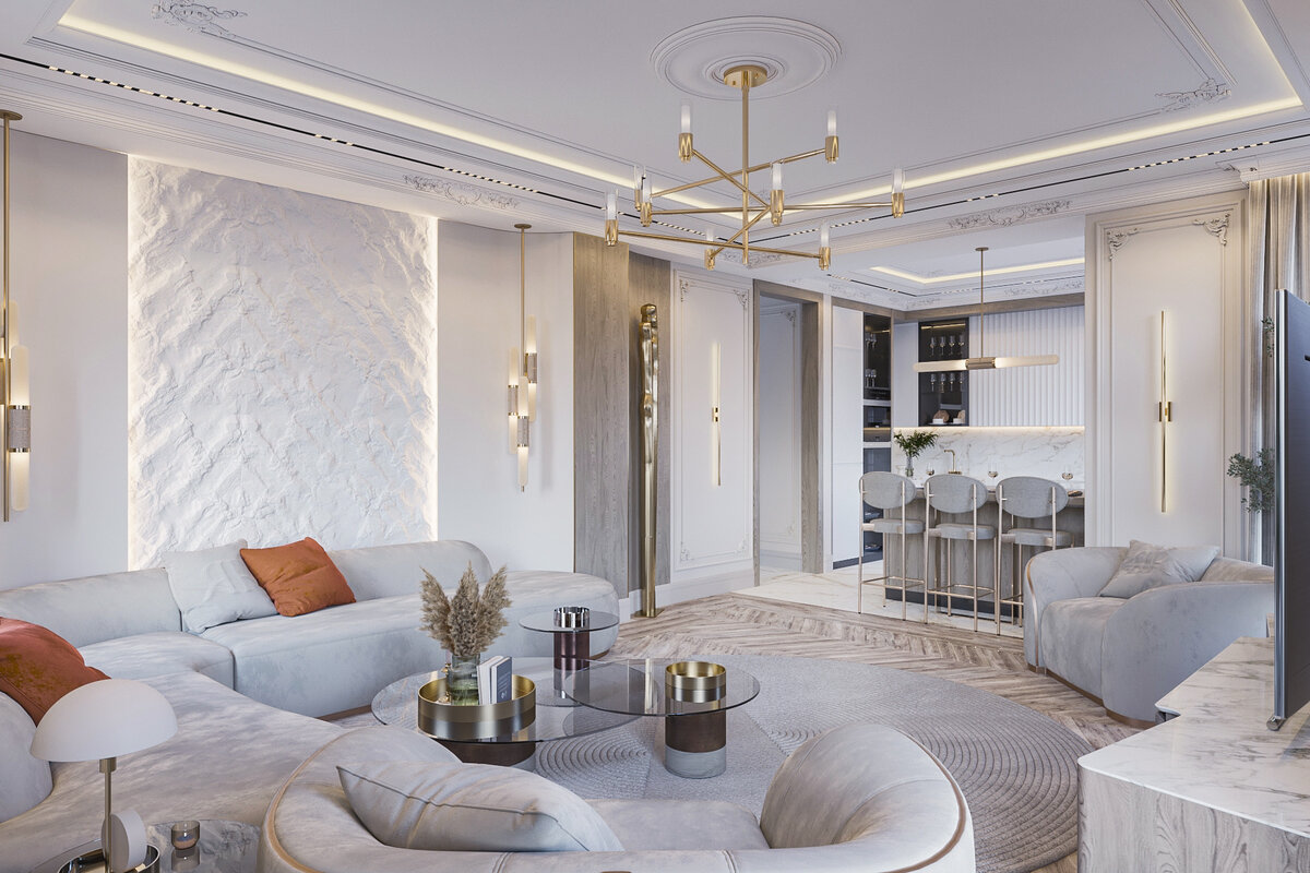 Использование в интерьере натуральных материалов дерева и камня — подарят ощущения единения с природой, с чем-то натуральным и полезным. Стены покрашены, оформлены декоративной штукатуркой с подсветкой, шпоном.