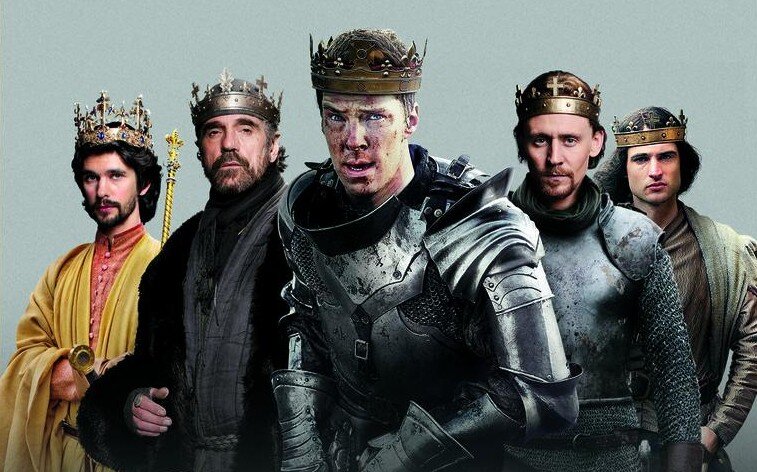 Постер к сериалу «Пустая корона». Слева направо: Ричард II, Генрих IV, Ричард III, Генрих V, Генрих VI.