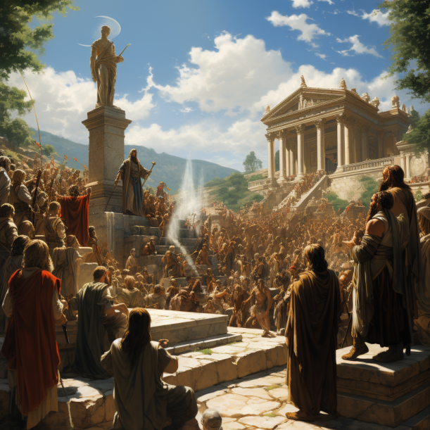 Иллюстрация выступления великого оратора перед гражданами древней Греции.