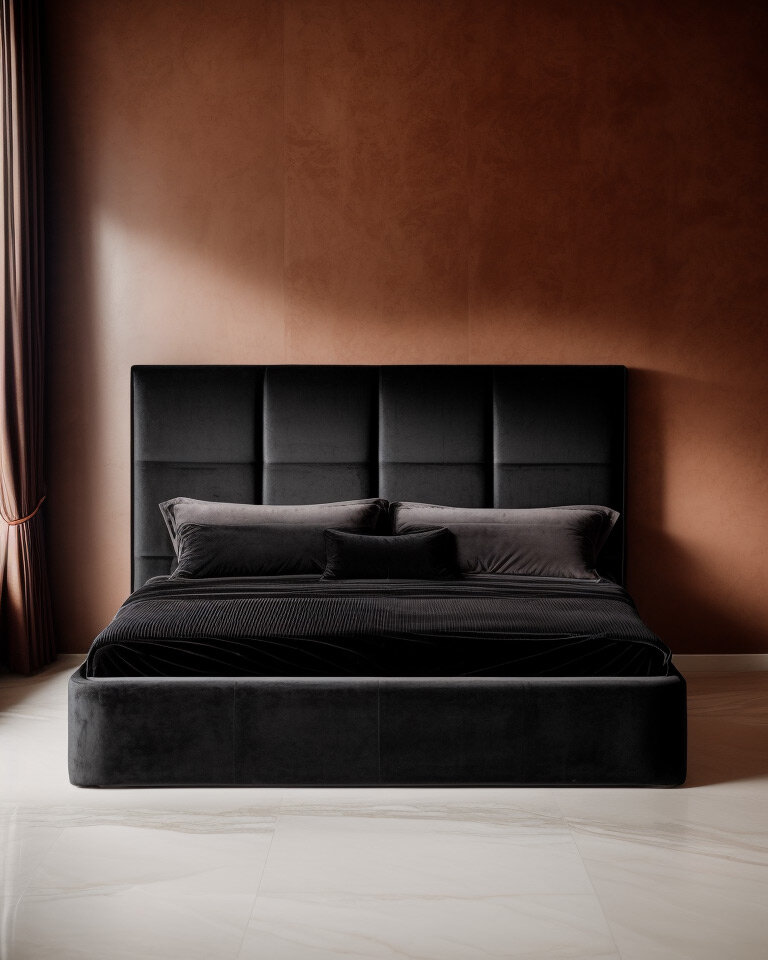 Черная кровать в интерьере спальни - 77 фото
