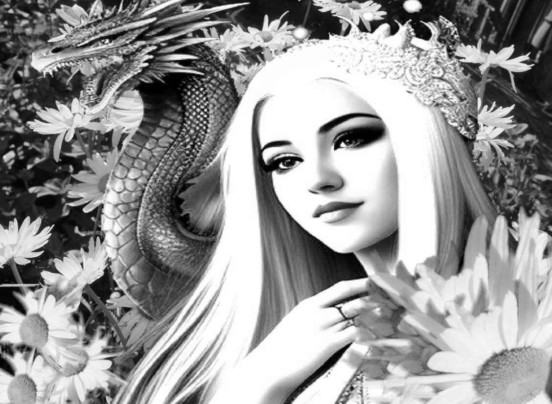 над созданием коллажа работали нейросеть об руку с автором. Ромашки мои, девушка с драконом её. Всё довольны. 