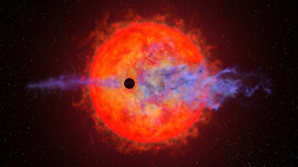    A young planet whirling around a petulant red dwarf star is changing in unpredictable ways orbit-by-orbit. It is so close to its parent star that it experiences a consistent, torrential blast of energy, which evaporates its hydrogen atmosphere — causing it to puff off the planet. Located 32 light-years from Earth, the parent star AU Microscopii (AU Mic) hosts one of the youngest planetary systems ever observed. The star is less than 100 million years old (a tiny fraction of the age of our Sun, which is 4.6 billion years old). The innermost planet, AU Mic b, has an orbital period of 8.46 days and is just 6 million miles from the star (about 1/10th the planet Mercury's distance from our Sun). The bloated, gaseous world is about four times Earth's diameter. During one orbit observed with the NASA/ESA Hubble Space Telescope, AU Mic b looked like it wasn't losing any material at all, while an orbit observed with Hubble a year and a half later showed clear signs of atmospheric loss. This extreme variability between orbits shocked astronomers. They were equally puzzled to see, when it was detectable, the planet's atmosphere puffing out in front of the planet, like a headlight on a fast-bound train. The never-before-seen changes in atmospheric outflow from AU Mic b may indicate swift and extreme variability in the host red dwarf's outbursts. One possible explanation for the missing hydrogen is that a powerful stellar flare, seen seven hours prior, may have photoionized the escaping hydrogen to the point where it became transparent to light. Another explanation is that AU Mic’s stellar wind is shaping the planetary outflow, making it observable at some times and not observable at other times, even causing some of the outflow to "hiccup" ahead of the planet itself.  Hubble follow-up observations of more AU Mic b transits should offer additional clues to the star and planet's odd variability, further testing scientific models of exoplanetary atmospheric escape and evoluti Александр Шереметьев