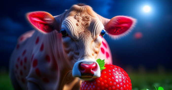 "Клубника со сливками. Полуфабрикат", "Кандинский" 2.2, экран, пиксели, 2023. Фрагмент.