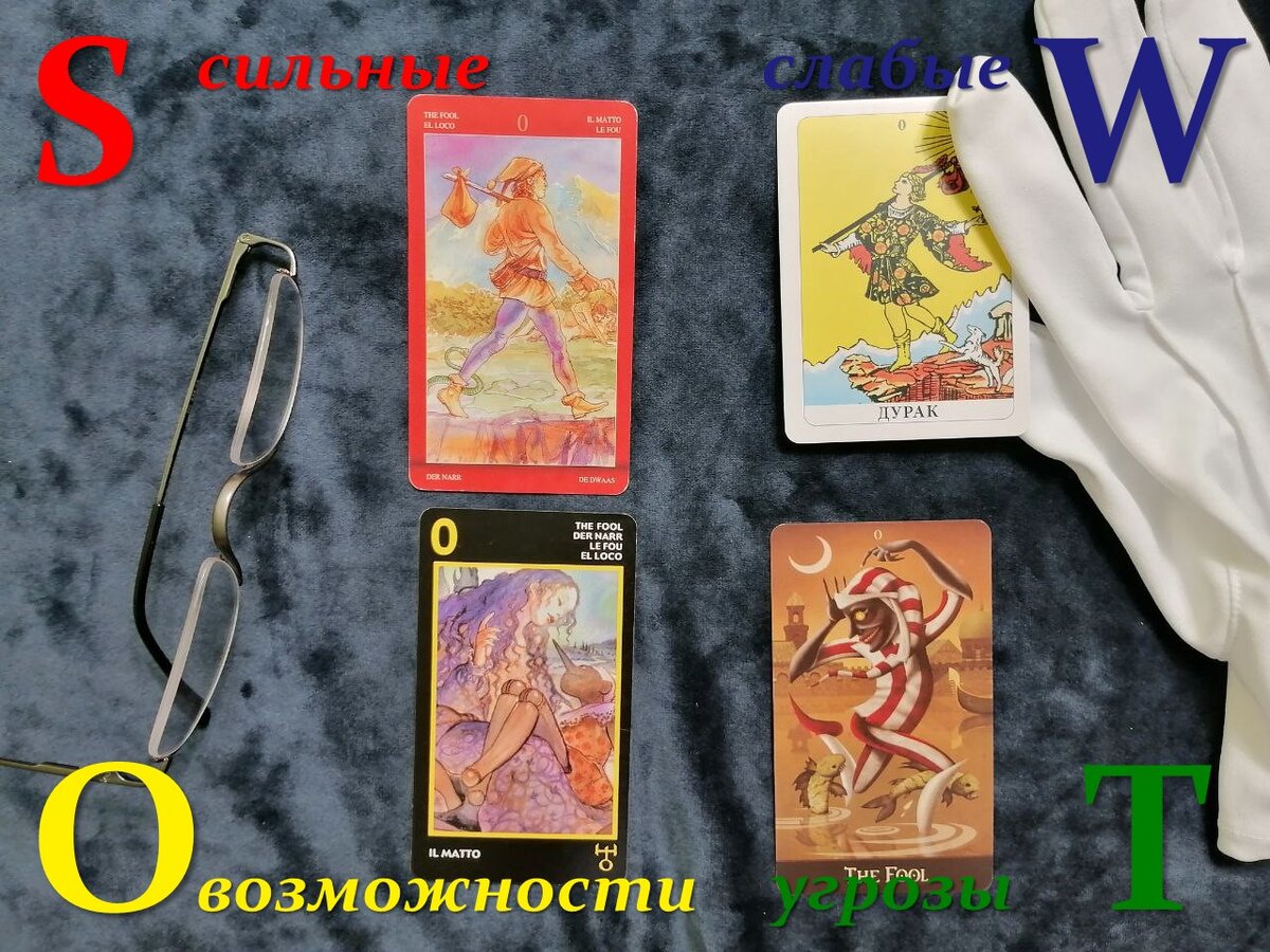Старший аркан Шут из разных колод Таро: (S) Магия наслаждений, (W) Уэйта, (O) Манара и (T) Девиантной Луны.