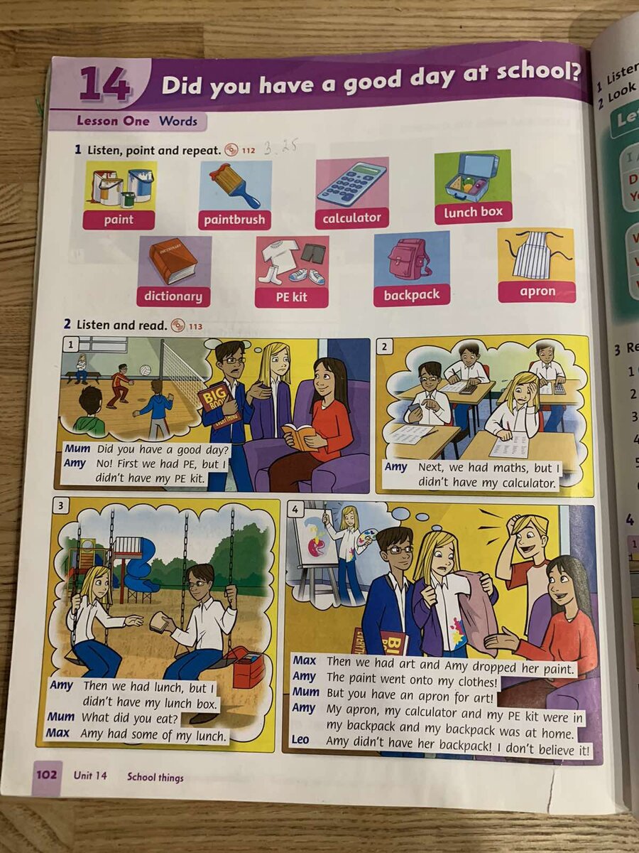 В этом комиксе из учебника английского языка девочка рассказывает, как забыла дома калькулятор, и у неё были проблемы на уроке математики в школе