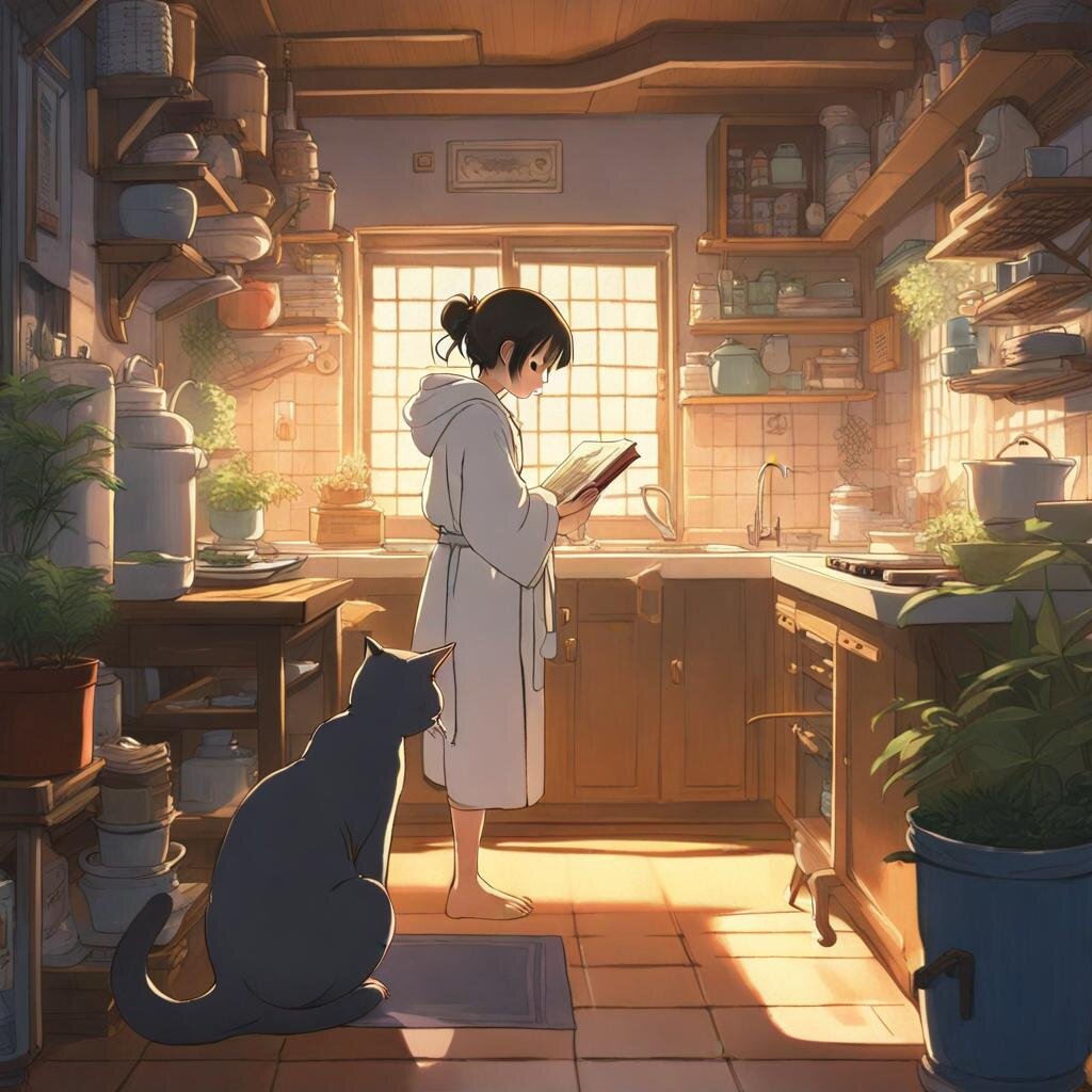 Кухня, кот, халат и книга. Остальные не поместились.