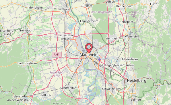 Местоположение города "Mannheim" на карте. Скрин с сайта: 2markers.com