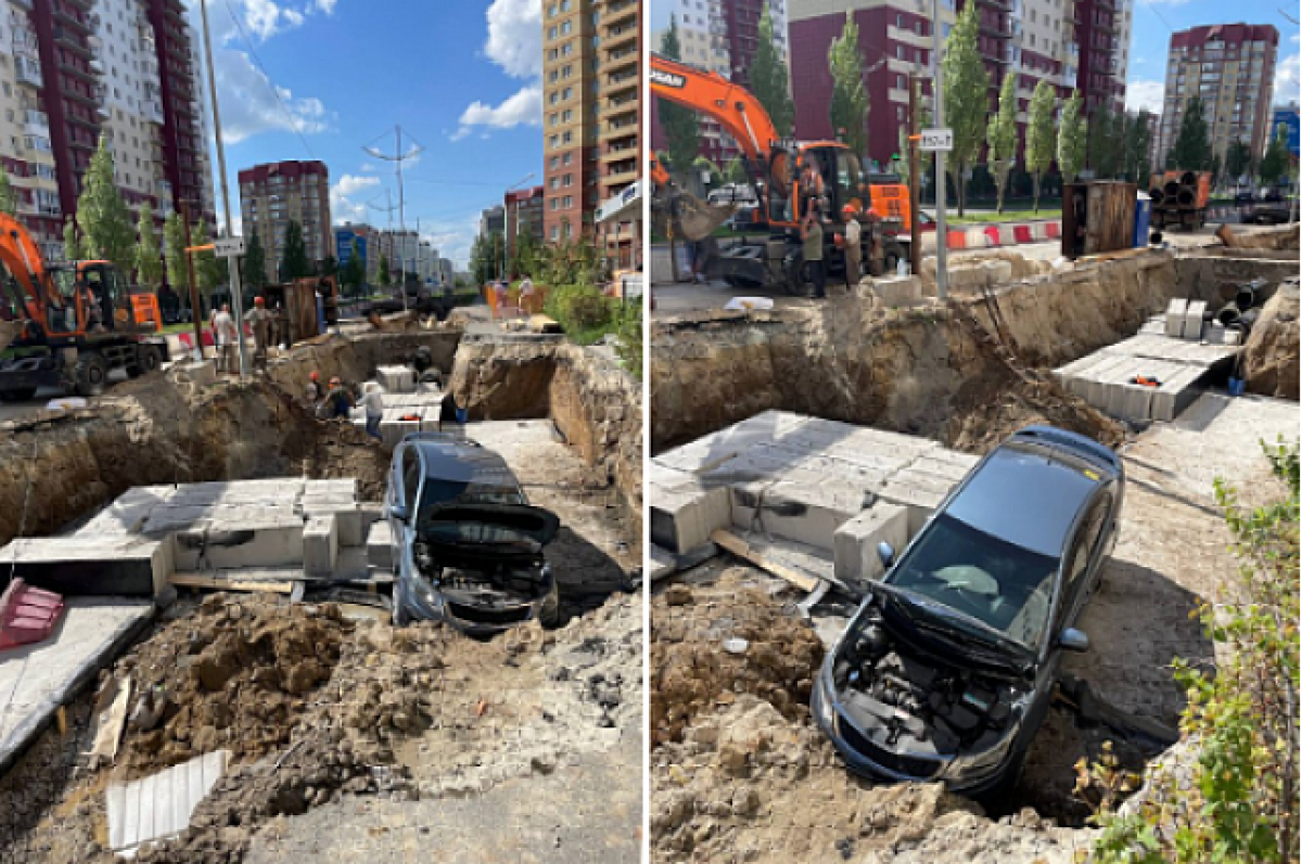    В Тюмени пенсионерка с внучкой съехали в яму, где идет ремонт теплосети