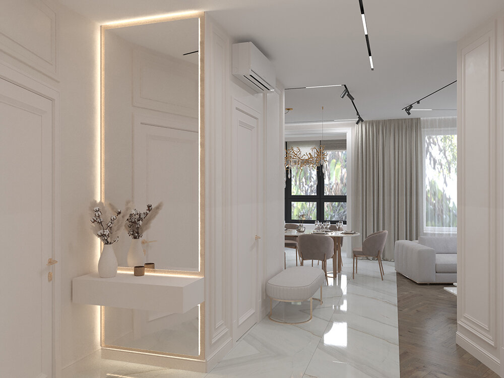 Дизайн квартиры выдержан в лучших традициях стиля и имеет много ярких деталей в сочетании с глянцем, стеклом, латунными вставками, натуральным камнем.