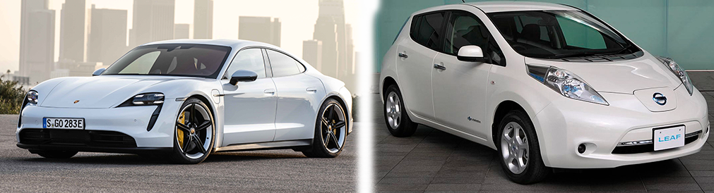 Porsche Taycan (премиальный) и Nissan Leaf (бюджетный)