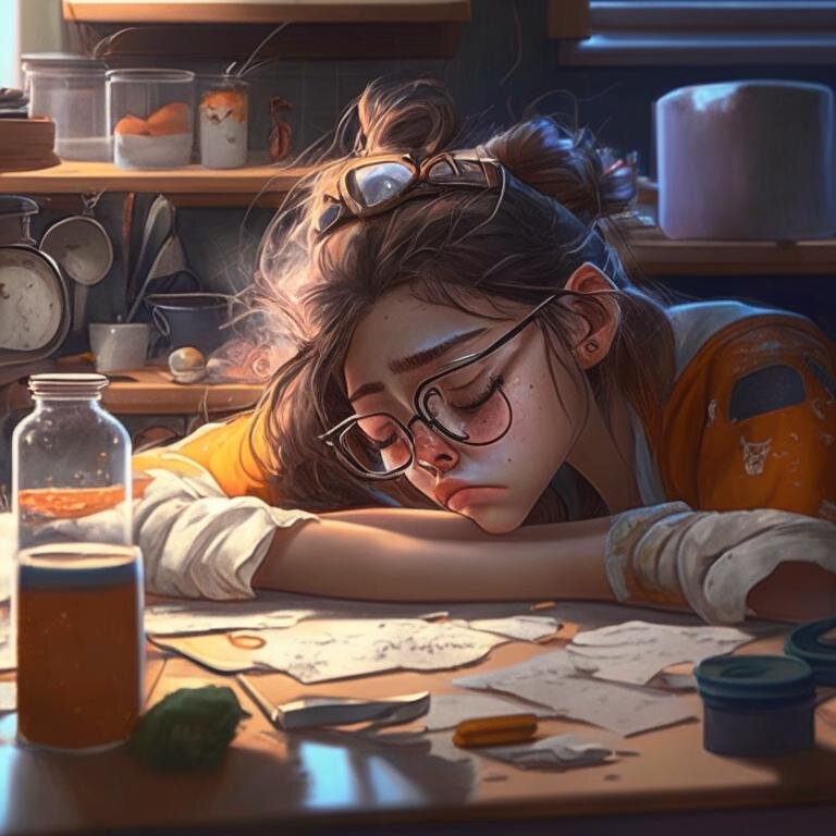 Девочка подросток спит за обеденным столом. Нейросеть Kandinsky 2.1.