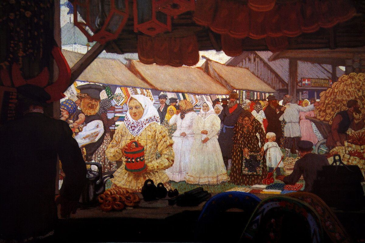 Фотография: Universal History Archive | Universal Images Group | Getty Images; картина Бориса Кустодиева «Ярмарка», 1908 г. 