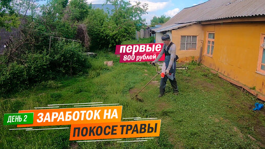 День 2 | Заработал первые 800 рублей. Заработок на покосе травы триммером.